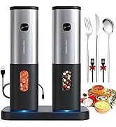 Rechargeable Electric Salt and Pepper Grinder Set with Charging Base, DERGUAM Stainless Steel Pep...